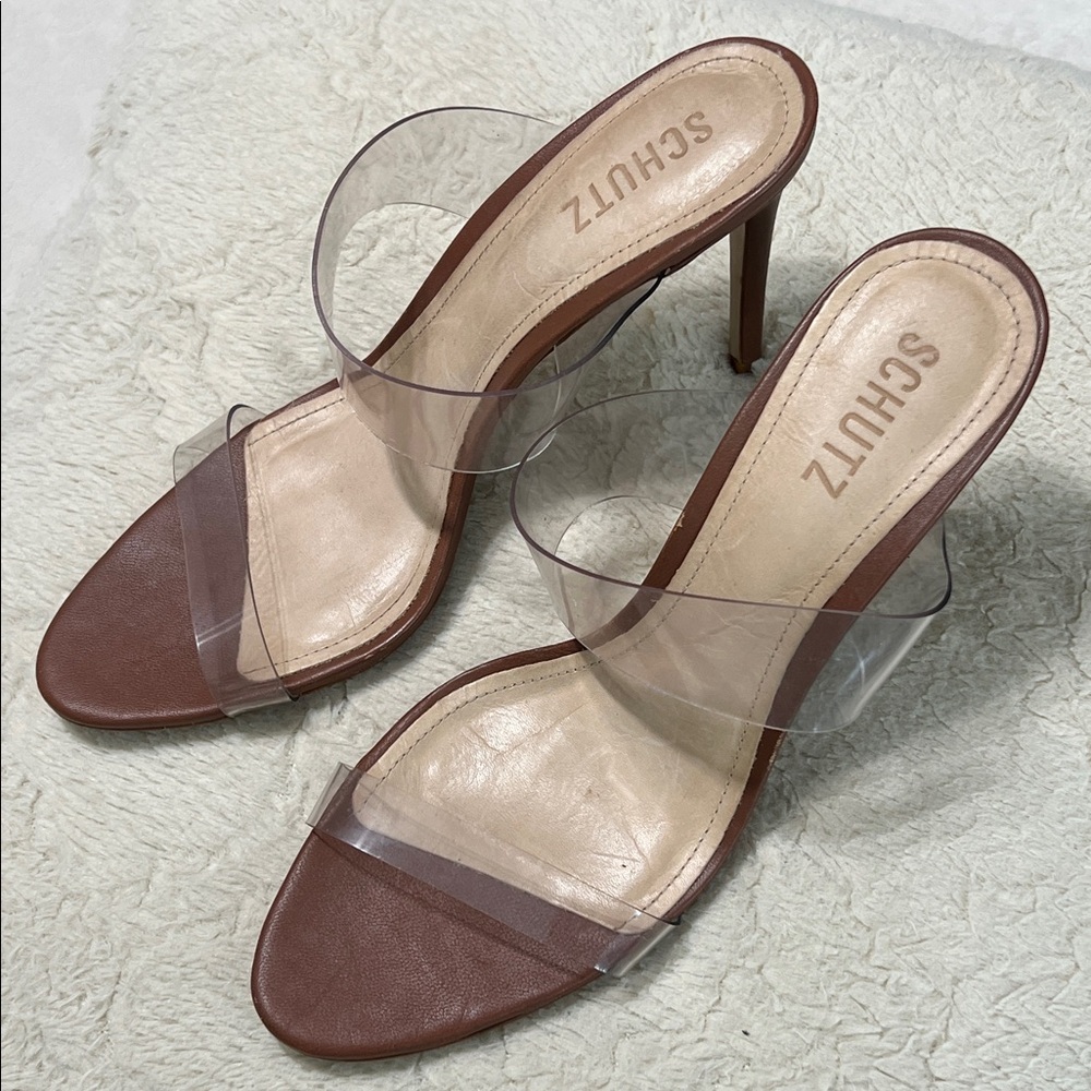 SCHUTZ Brown and Clear Strap Sandals